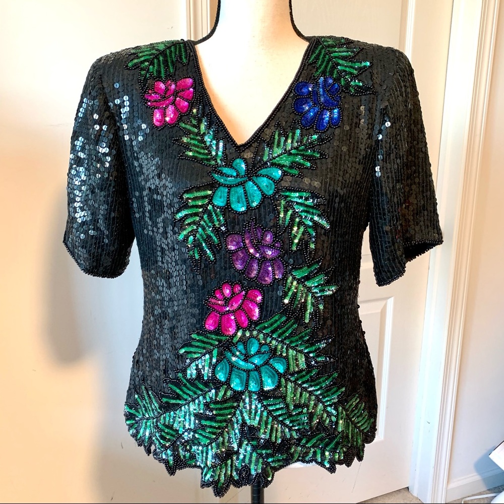 Vintage STENAY Sequin Beaded Leaf Edge Blouse—SZ S